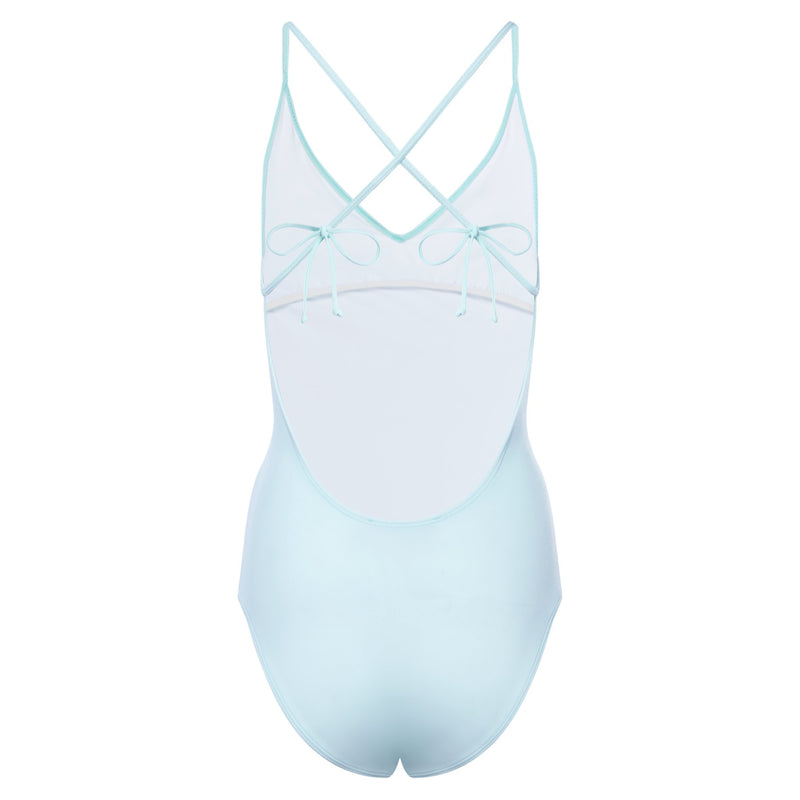 back of one-piece swimsuit with a crossed back in pastel blue
