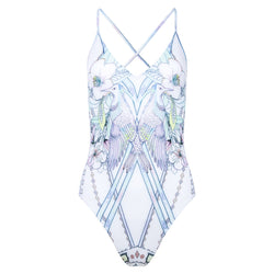 one-piece swimsuit with a plunging neckline and crossed back in a multicolor pastel print