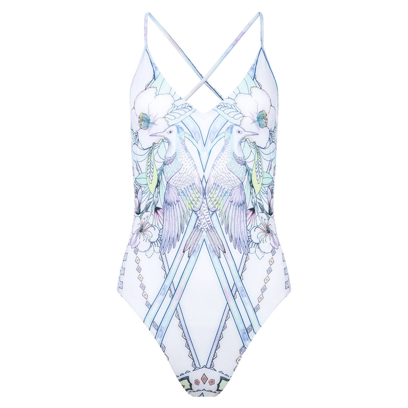 one-piece swimsuit with a plunging neckline and crossed back in a multicolor pastel print