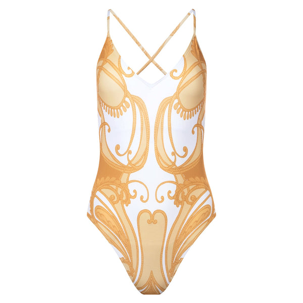 one-piece swimsuit with a plunging neckline and crossed back in a yellow paisley print