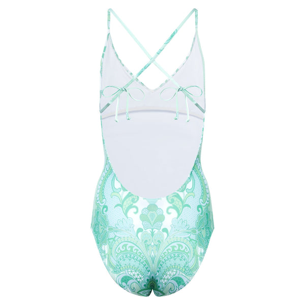 back of a one-piece swimsuit with a crossed back in an emerald print