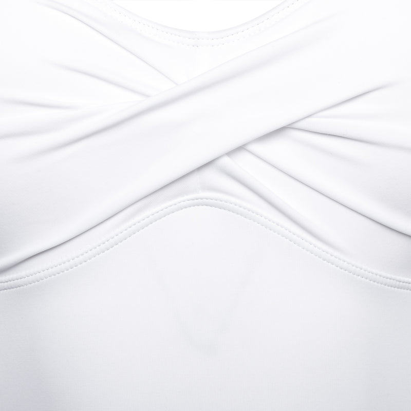 detail of a one-piece strapless swimsuit in white