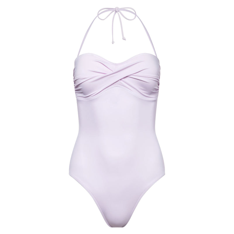 one-piece strapless swimsuit with draped bust in lavender