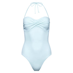 one-piece strapless swimsuit with draped bust in pastel blue