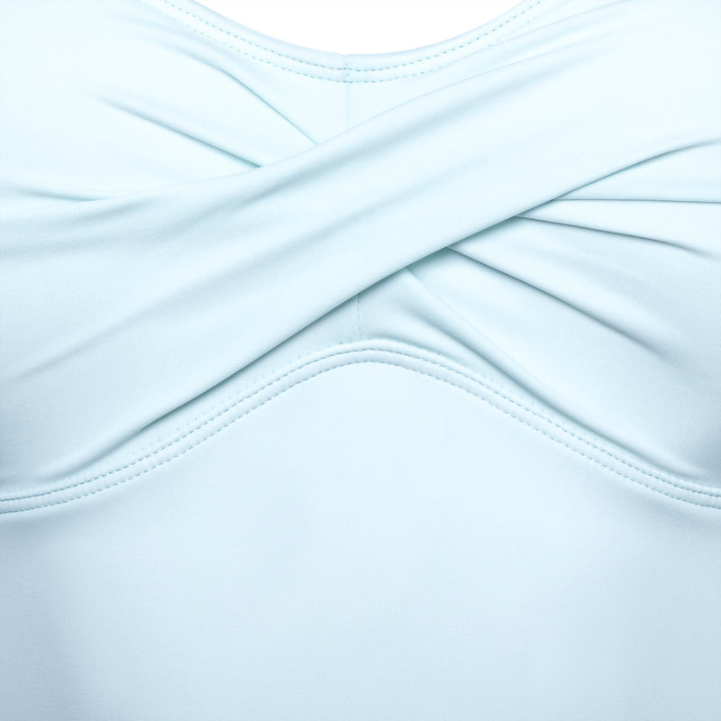 detail of a one-piece swimsuit in pastel blue