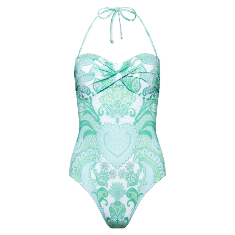 one-piece strapless swimsuit with draped bust in emerald print