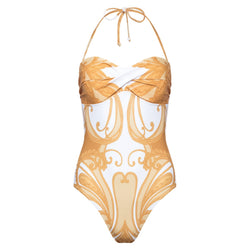 one-piece strapless swimsuit with draped bust in a yellow paisley print