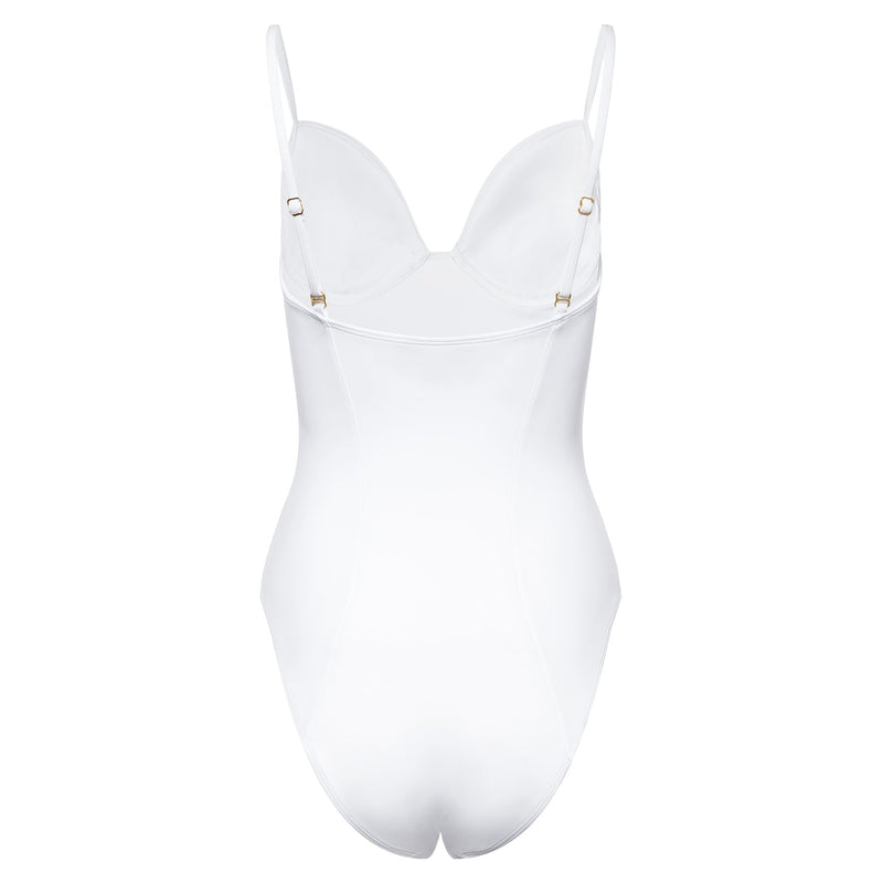 back of a one-piece bustier swimsuit in white 