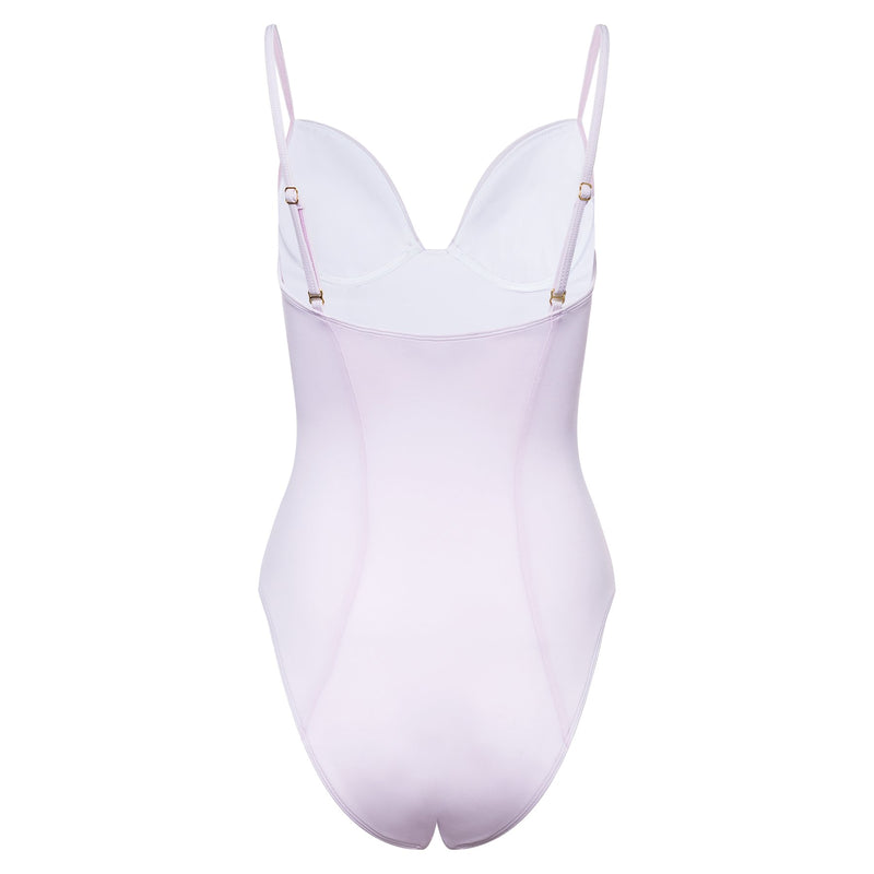 back of a one-piece bustier swimsuit in lavender 