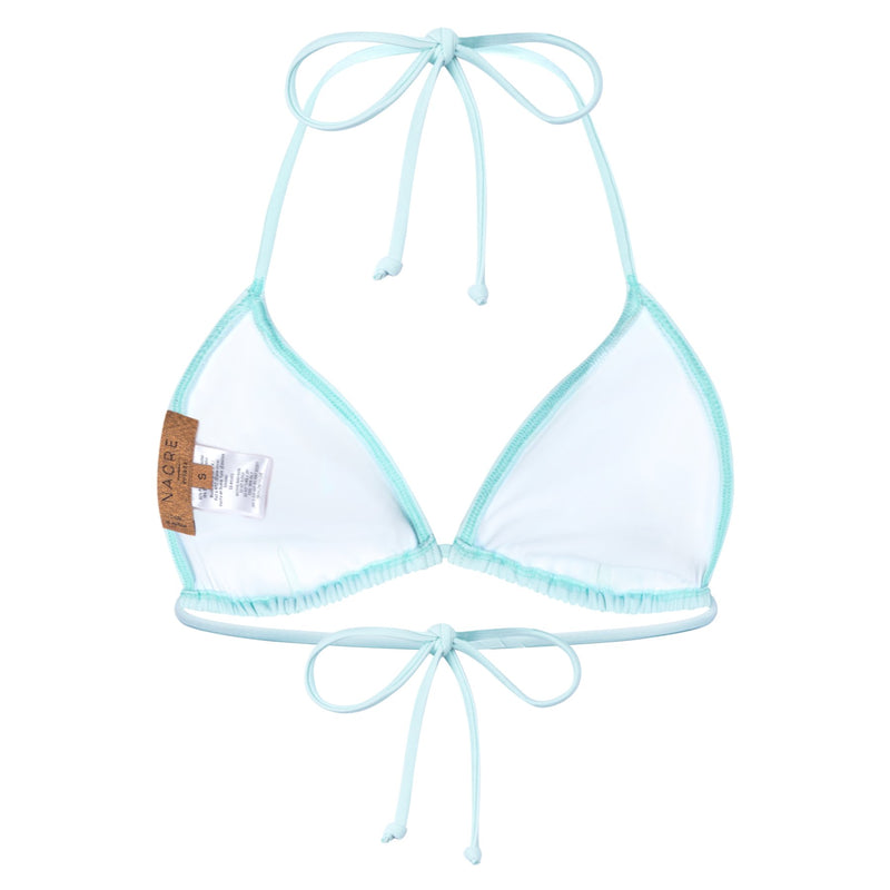 back of a classic triangle bikini top in pastel blue