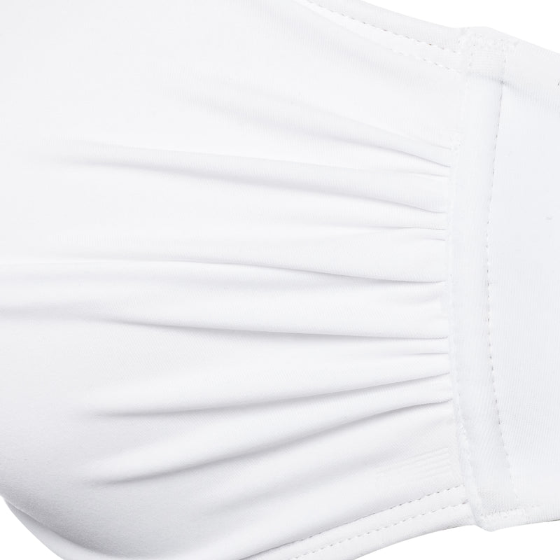 detail of a strapless bikini top in white