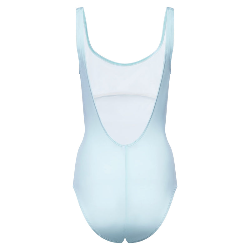 classic one-piece swimsuit with a scoop back in pastel blue