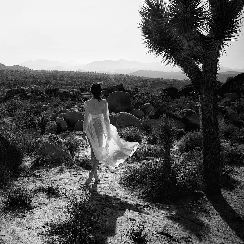 woman walking away in the desert of palm springs wearing a white silk chiffon maxi dress